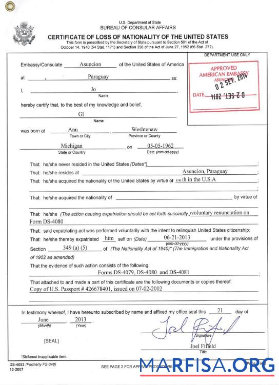 Blank USA certificate of loss of nationality template